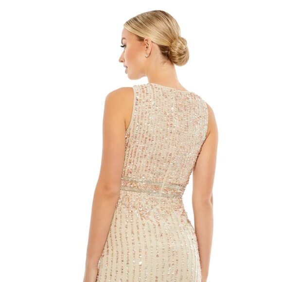 FLAW - NWT Mac Duggal Sequined Sleeveless V-Neck Midi Sheath Dress Nude 4 #9851 - Picture 9 of 14